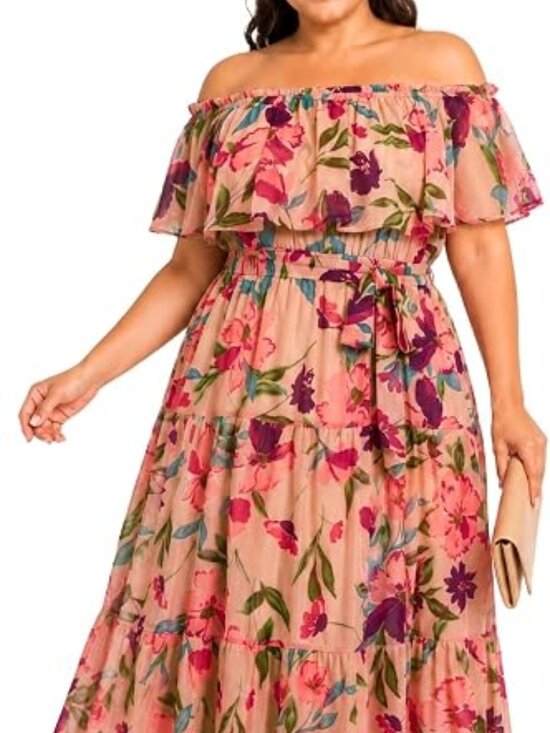 Pinup Couture Dresses & Skirts - Pinup Fashion Plus Size Pink Floral Off Shoulder Maxi Dress 18W Chiffon